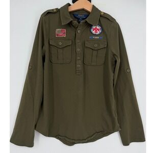 Polo Ralph Lauren Girl's Green Military Long Sleeve Shirt Top Sz M 8-10